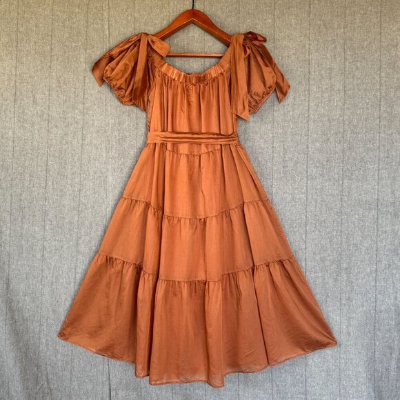 Lulus Charming Adoration Brown Off The Shoulder Bow Tiered Midi Dress Size XL - Picture 8 of 14